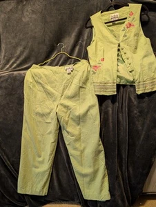 Sheri Martin Linen Vest And Pants Size 16 Green Professional Hem At 27 Ankle - Picture 1 of 13