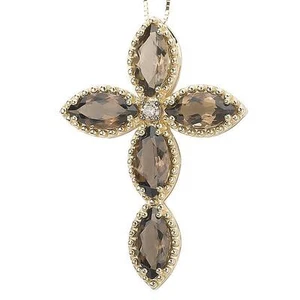NEW 14k YELLOW GOLD COGNAC DIAMOND SMOKY QUARTZ CROSS PENDANT NECKLACE JEWELRY - Picture 1 of 1