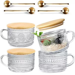 4 Pcs Vintage Coffee Mugs 14oz Clear Glass Tea Cups With Lids And Spoons Ideal I - Picture 1 of 6