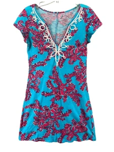 Vestido Lilly Pulitzer Para Mujer XSmall Azul Rojo Ribete de Encaje 100% Algodón Corto Verano - Imagen 1 de 11