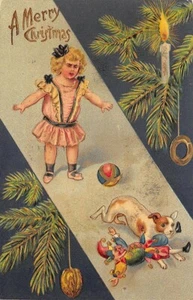 A Merry Christmas Young Girl & Dog with Clown Doll Embossed Postcard - Picture 1 of 2