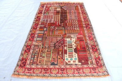 Afghan Vintage 4x7 ft Rusty Red Handmade Oriental Rug, Antique Pictorial 4x7 Rug - Image 1 of 4