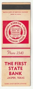 COPERTINA MATCHBOOK - PRIMA BANCA STATALE - JASPER TEXAS - Foto 1 di 3