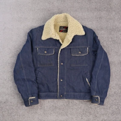 Chaqueta de mezclilla de piel de oveja vintage Sears XL azul liso manga larga botón completo Foto 1 de 4