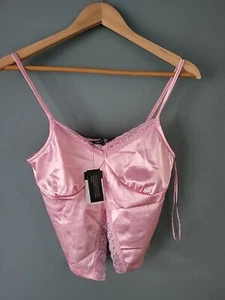 BNWT Primark Size 10 Pink Satin Lace Trim Crop Top (723/31/v) - Picture 1 of 3