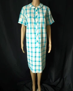 BLUE & WHITE WINDOWPANE 1960s Vintage Shift HOUSE DRESS  - 40 inch waist - Picture 1 of 6