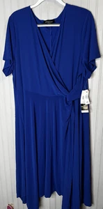 Perceptions Woman Dress Womens 2X Royal Blue Faux Wrap Short Sleeve Tie Waist - Picture 1 of 13