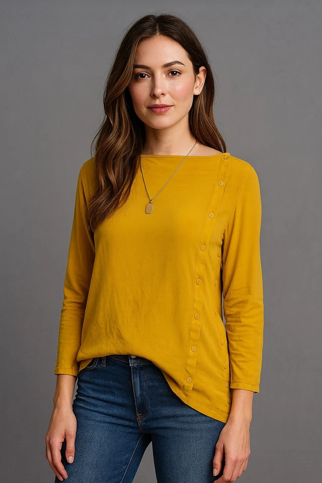 Blusa de seda Bailey 44 para mujer grande amarilla mostaza asimétrica con botones laterales  Foto 1 de 4