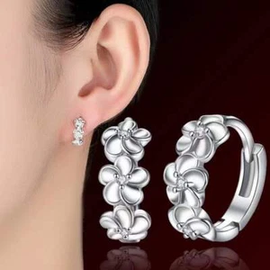 Crystal Flower Ear Clip Earrings Women 925 Sterling Silver Hoop Huggie Earrings - Picture 1 of 4
