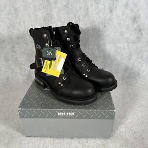 Ride Tecs Men 8" Zipper Lace Black Motorcycle Boots Size 8 W Leather NWB