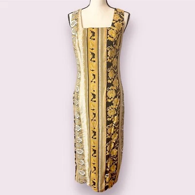 Vintage 1990s Knapp Studio Junior's 9 Gold Black Floral Cross Back Wiggle Dress - Image 1 of 4