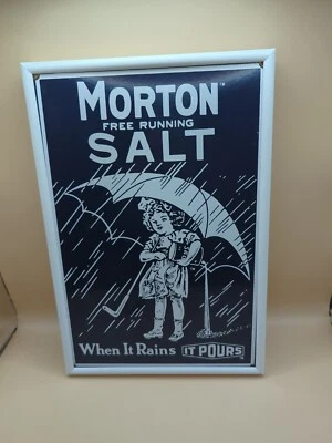 Vintage 1914 Design Morton Salt Umbrella Girl 8X12 Porcelain Enamel Framed Sign - Image 1 of 4