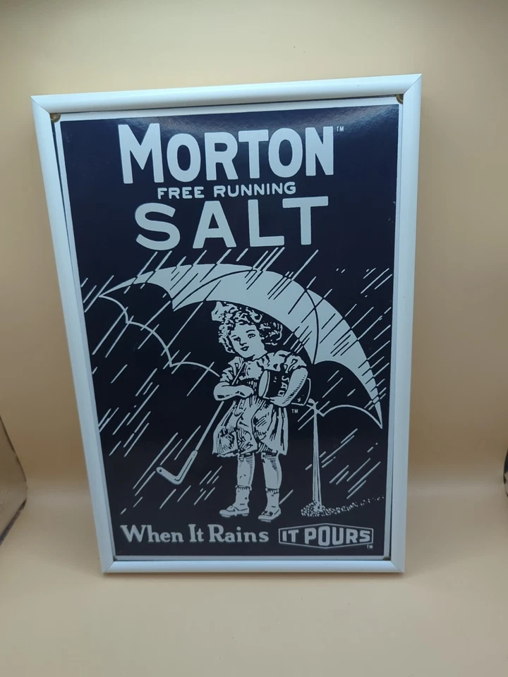 Vintage 1914 Design Morton Salt Umbrella Girl 8X12 Porcelain Enamel Framed Sign - Image 1 of 4