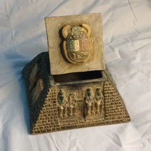 Ancient Egyptian Pyramid Jewelry Box with Scarab, Sphinx & Hieroglyphic Carvings - Picture 1 of 8