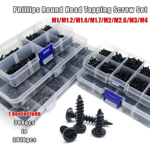 300/2010pcs M1-M4 Black Phillips Pan Round Head Self-tapping Wood Screw Set Kit - Picture 1 of 13