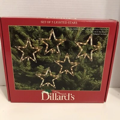 Dillard's Trimmings Lighted Stars ~ In Original Box  ~ Works ~ Set of 5 - Image 1 of 3