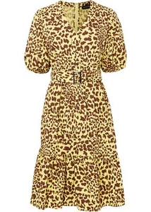 Neu Kleid mit Taillengürtel Gr. 40 Maisgelb Rotbraun Leo Minikleid Casual-Dress - Bild 1 von 1