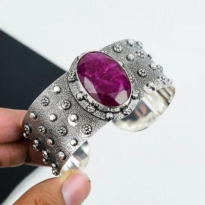 925 Sterling Silver Ruby Kashmir Lab-Created Gemstone Handmade Cuff Bangle Gifts - Image 1 of 4