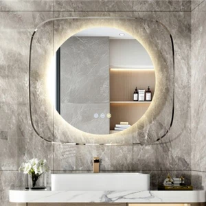 Round LED Lighted Bathroom Mirror Clear Glass Edge Anti-fog Vanity Mirror Smart - Picture 1 of 16