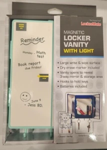Lockermate Magnetic Locker Vanity w Light Mirror Storage White Board Hooks Blue - Picture 1 of 10