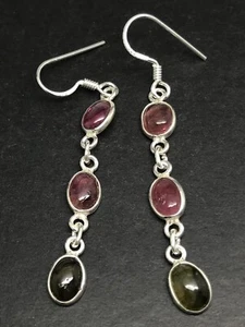 Multicolour tourmaline drop earrings, Solid Sterling Silver, triple. Pink, green - Picture 1 of 8