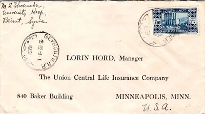 CUBIERTA HISTORIA POSTAL LIBANO 1931 ADDR EE. UU. CANC BEYROUT Foto 1 de 2