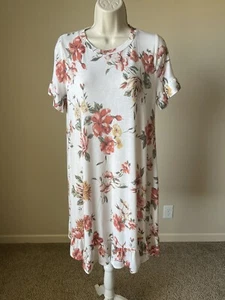 Chris & Carol Women’s Ivory Floral Print Crew Neck Short Ruffle Sleeve Dress s M - Picture 1 of 10