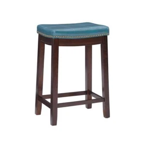 Linon Home Decor Bar Stool 26.5" Padded Blue Faux Leather Seat, Wood Dark Brown - Picture 1 of 6