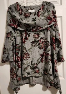 Camicia New Directions Curvy Plus Size 2X collo cappuccio grigio floreale orlo fluido nuova con etichetta - Foto 1 di 9