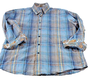 Alan Flusser Paisley Flip Cuff Blue Plaid Cotton Shirt Large - Picture 1 of 7
