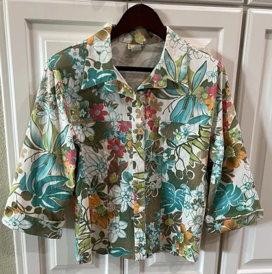 Винтажная женская блузка с тропическим цветочным узором Sea Suns США Coastal Beachy рукав 3/4 размер средний - Изображение 1 из 4