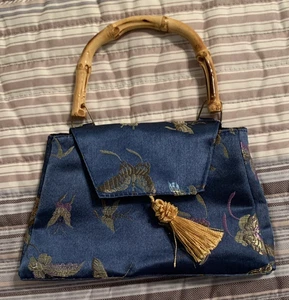 Vintage orientalischer Stil Stoff Geldbörse, Bambus Griff blau mit Schmetterlingen & Quaste - Bild 1 von 5