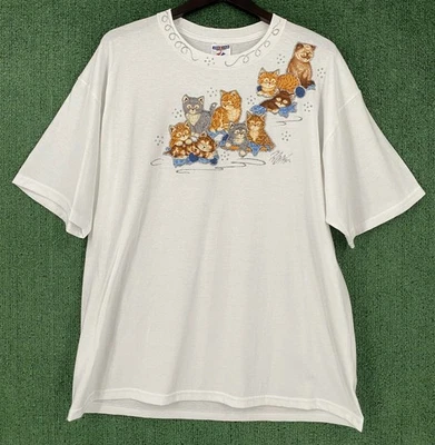 Vintage 90’s Cat Kitten Glitter Handmade Double Sided T-Shirt Women’s Size XL - Image 1 of 4