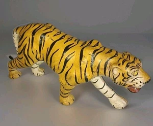 Vintage Hand Painted Leather Wrapped Paper Mache Tiger With Glass Eyes-Whiskers - Picture 1 of 20