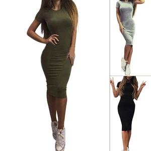 Dress Midi Party Pencil Short Short Sleeve Solid 3 Colors Summer Women - Picture 1 of 29