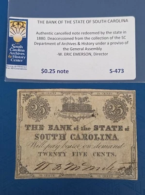 1861  25 Cents Note Bank of South Carolina Charleston - Obsolete / Cancelled - Image 1 of 4