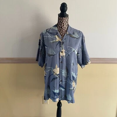 Camisa Hawaiana Floral Geoffrey Beene Para Hombre Gris-Azul Tostado Mezcla Seda Talla M Foto 1 de 3