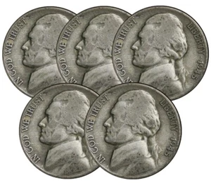 (LOT OF 5) 1942-1945 Wartime 35% WWII Jefferson War Silver Nickel .25c Face Bulk - Picture 1 of 2