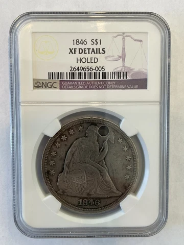 1846 SEATED LIBERTY SILVER DOLLAR NGC GENUINE XF DETAILS HOLED Cover