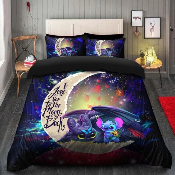 Stitch And Toothless I Love You To The Moon Full Bedding Duvet Covers Set (4pcs) - Image 1 of 1