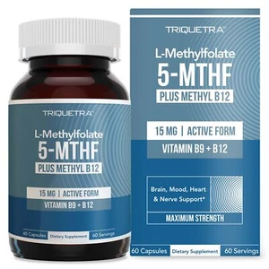 L Methyl Folate 15mg Plus Methyl B12 Cofactor – High Potency Active 5-MTHF Fo... - Picture 1 of 6