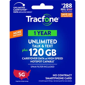 Tracfone 288 USD Nieograniczona rozmowa i tekst, 120 GB danych / 365 dni (karta fizyczna) - Zdjęcie 1 z 5