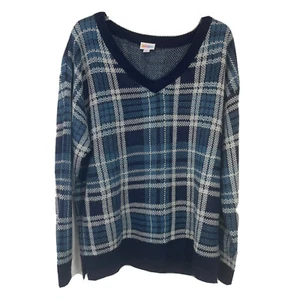 LuLaRoe L TORRIE V-Neck Relaxed Fit Sweater Blue & White Plaid “Size Down” - Picture 1 of 7