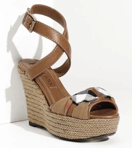 BURBERRY Brown Leather Check Donegal Wedge Strap Sandal 40 /9.5 - Picture 1 of 6