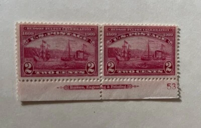 US #372 2c HUDSON FULTON CELEBRATION 1909 PAIR OG + MARGIN 2 CENT VIBRANT - Image 1 of 4