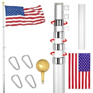 Telescopic Flagpole Silver Aluminum Adjustable Flagpole 30 Foot - Picture 1 of 4
