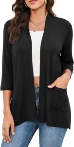 HIYIYEZI Lightweight Cardigans Pockets 3/4 Sleeve Open Front Black L NWT - Picture 1 of 3