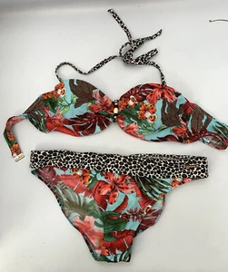 Bruno Banani 2 pc Halter Bikini Swimsuit Animal Print Floral Tropical Size 6 - Picture 1 of 4