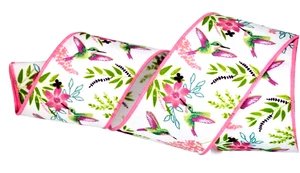Hummingbirds 2.5" by 5 yds Pink Green on Ivory Wired Ribbon Spring Valentines - Picture 1 of 7