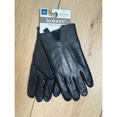 Isotoner Men's Black Genuine Leather Gloves SmarTouch Touchscreen Compatible MED - Image 1 of 4
